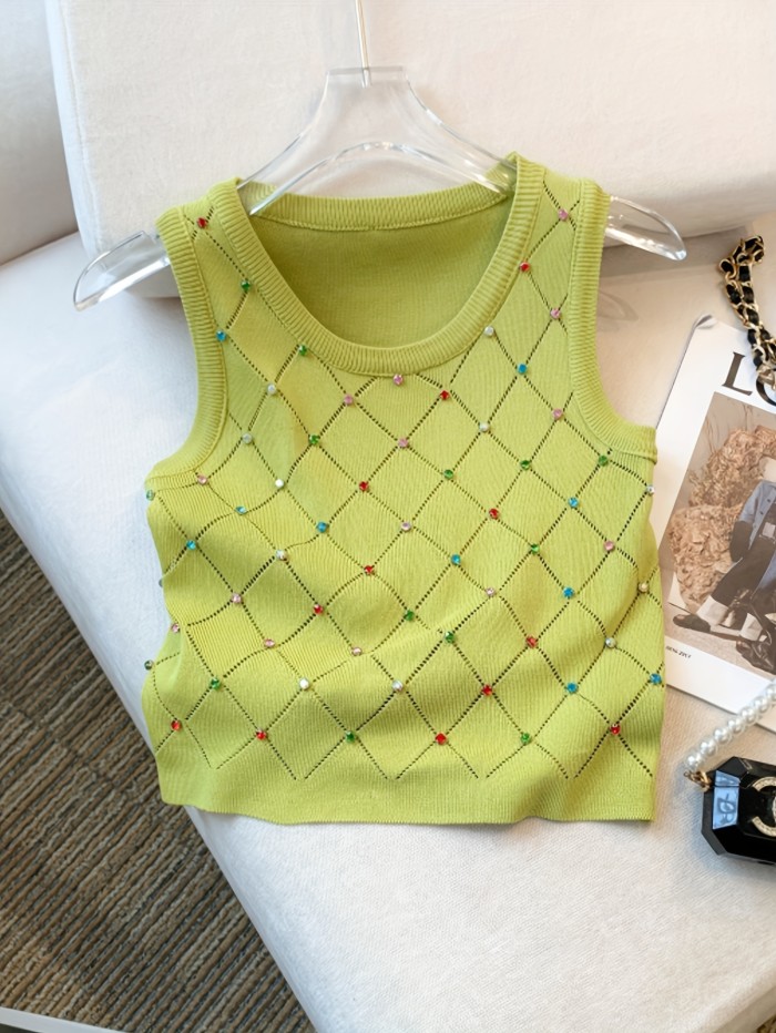 Colorful Rhinestone Knitted Tank Top, Casual Crew Neck Sleeveless Tank Top For Summer, Women's Clothing