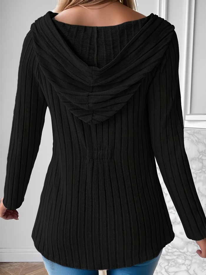 Button Front Long Sleeve Hoodie, Casual Solid Color Ribbed Hoodie For Spring & Fall, Women's Clothing