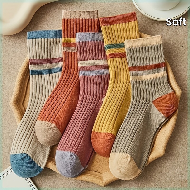 5 Pairs of Ultra-Comfy Striped Print Mid-Tube Socks - Soft, Breathable, and Stretchy Women's Stockings & Hosiery for Everyday Wear - Perfect for Casual Outings, Work, or Lounging Around