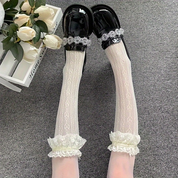 1\u002F2 Pairs Ruffle Trim Lace Calf Socks, Sweet Japanese Style Knee High Socks, Women's Stockings & Hosiery