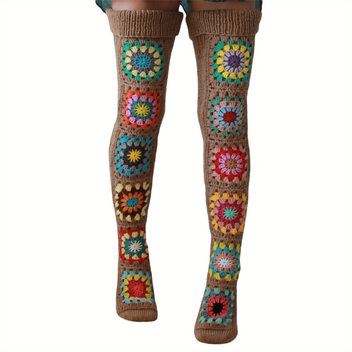 1 Pair Ethnic Knit Thigh High Socks, Trendy Comfy Novelty Over The Knee Socks, Women's Stockings & Hosiery