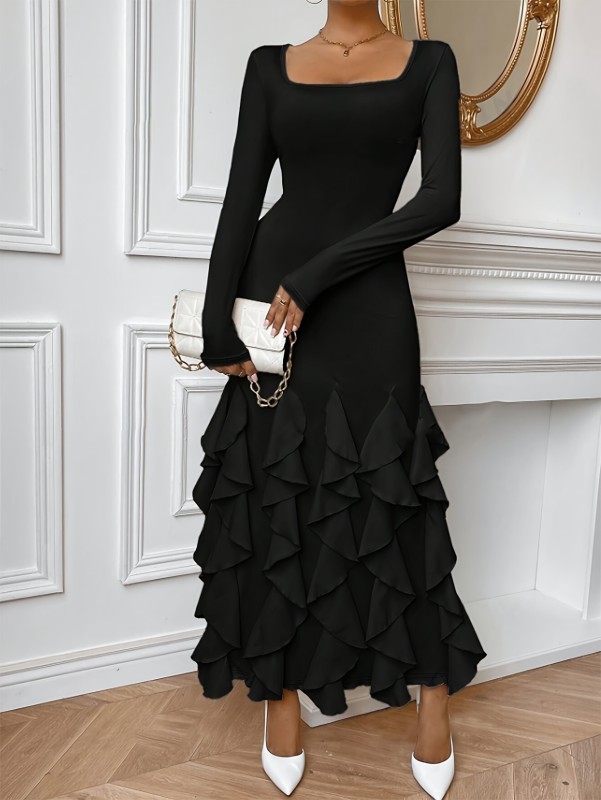 Elegant Square Neck Ruffle Trim Bodycon Dress - Micro Elastic Polyester Long Sleeve Solid Color Slim Fit for Spring & Fall - Machine Washable, Customized Womens Clothing
