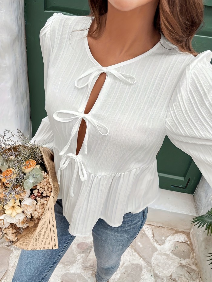 Elegant Solid Color Tie-Front Blouse with Ruffle Hem and Lantern Sleeves - Breathable Polyester, Machine Washable - Perfect for Spring & Summer