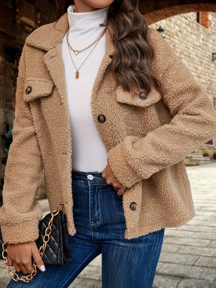 Button Front Long Sleeve Jacket, Casual Solid Color Lapel Drop Shoulder Jacket For Fall, Women's Clothing