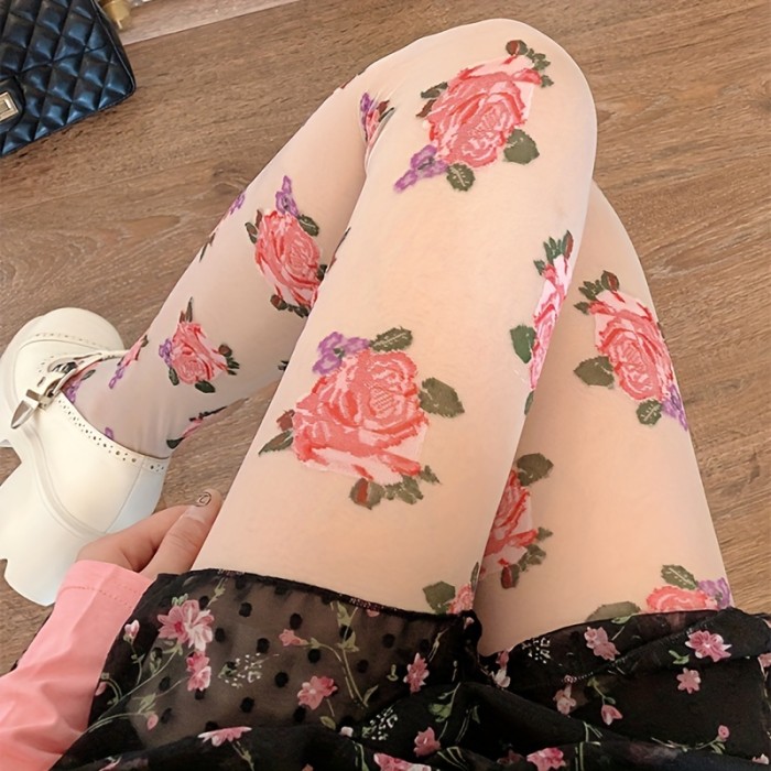Vibrant Floral Print High Waist Semi-Sheer Footed Pantyhose - Tights with Comfortable Fit, Smooth Silky Texture, and Durable Construction - Women's Stockings & Hosiery for Everyday Wear