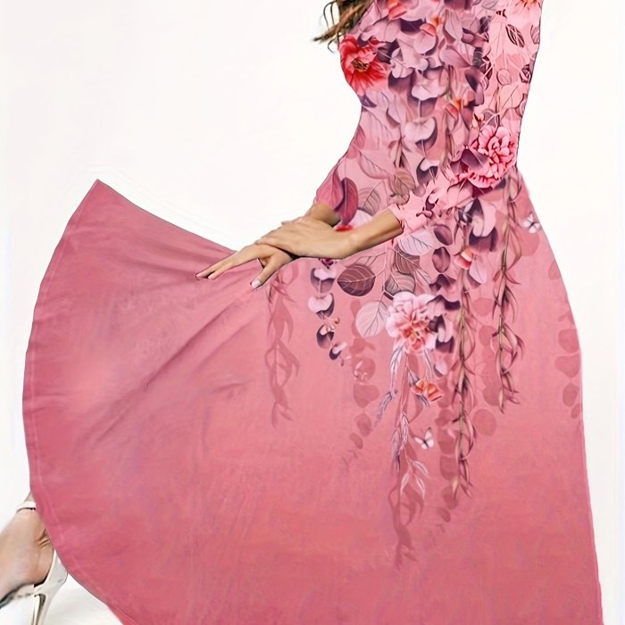 Vintage Floral Print Dress, Elegant Crew Neck Long Sleeve Dress, Women's Clothing