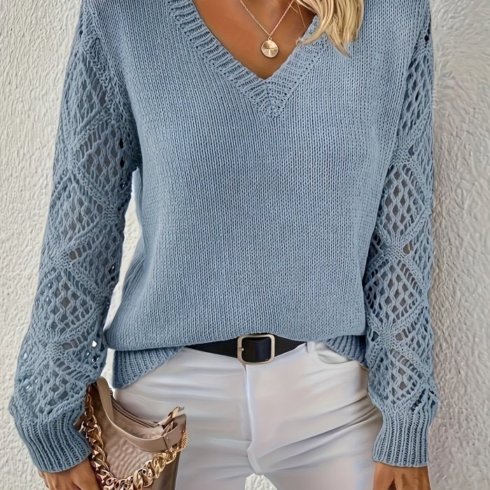 Solid Pointelle Detail Knitted Sweater, Elegant V-neck Long Sleeve Pullover, Women's Clothing