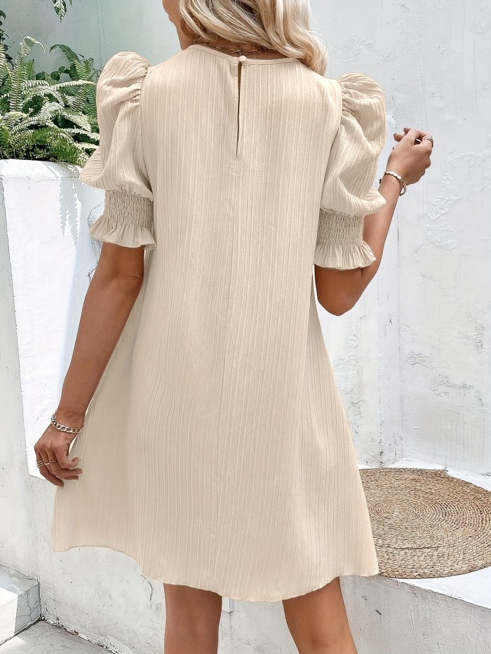 Solid Color Crew Neck Dress, Casual Puff Sleeve Dress For Spring & Summer, Women's Clothing For Elegant Dressing