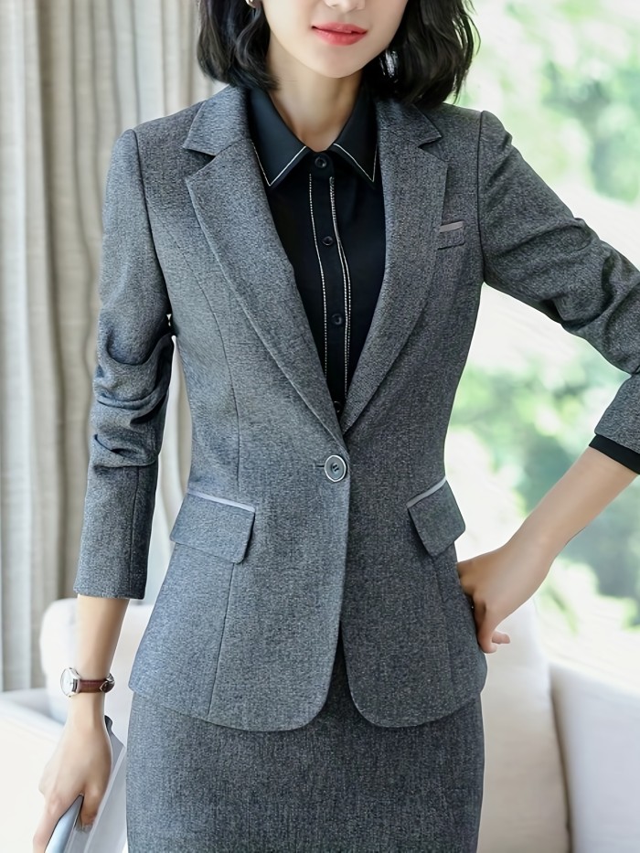 Solid Button Front Blazer, Elegant Lapel Long Sleeve Blazer For Office & Work, Women's Clothing