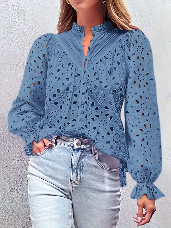 Regular Casual Shirt V-neck Hollow Embroidery Fashion Lotus Leaf Long Sleeve