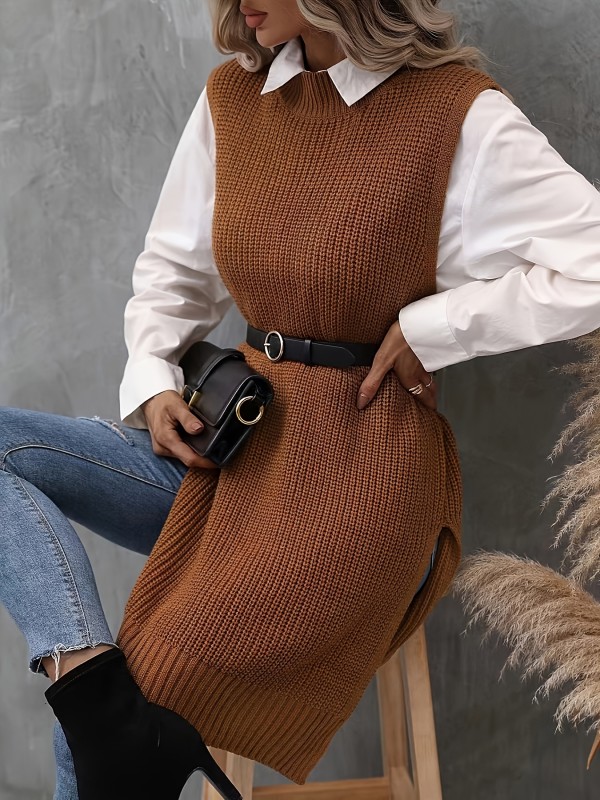 Elegant Women's Knit Sweater Vest - Casual Mid-Length, Crew Neck, Solid Color, Acrylic Blend, Hand Wash\u002FDry Clean