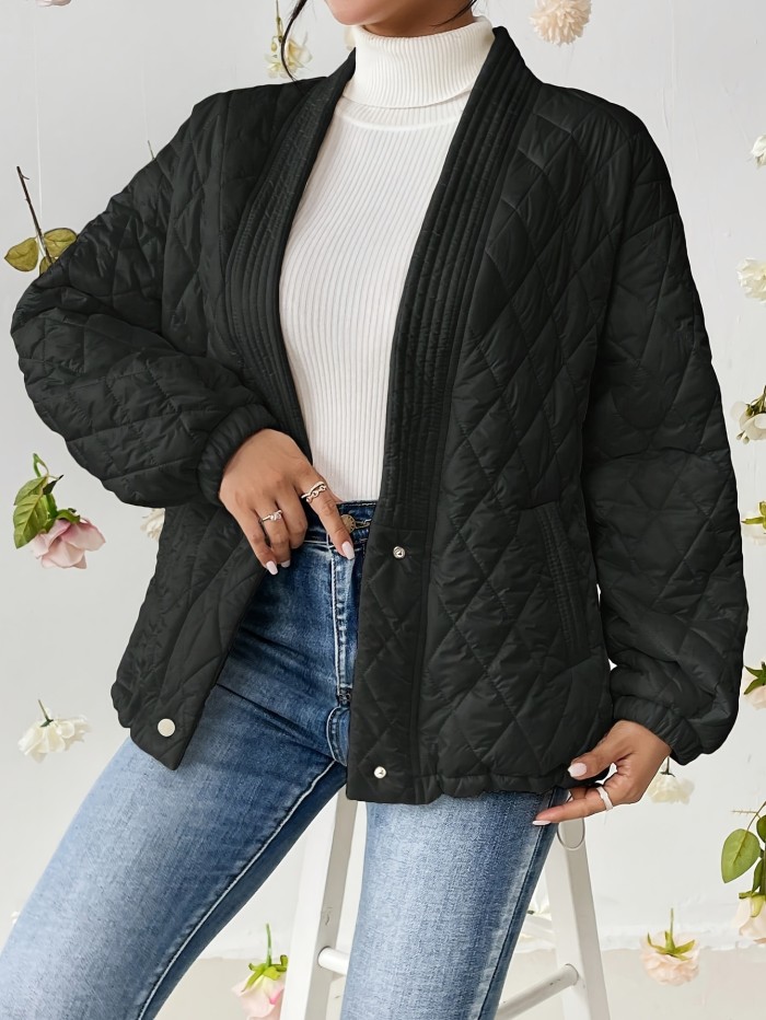 Button Front Long Sleeve Down Jacket, Casual Solid Color Quilted Down Jacket For Fall & Winter, Women's Clothing