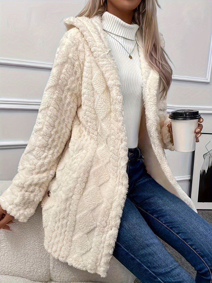 Solid Button Up Hooded Teddy Coat, Elegant Long Sleeve Split Side Faux Fur Outwear, Women's Clothing