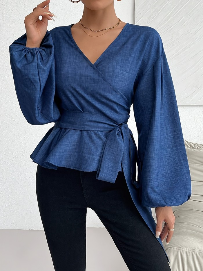 Elegant Polyester Blouse With Cross-Over Neckline, Long Sleeve, And Belted Waist, Suitable For Spring, Summer, And Fall