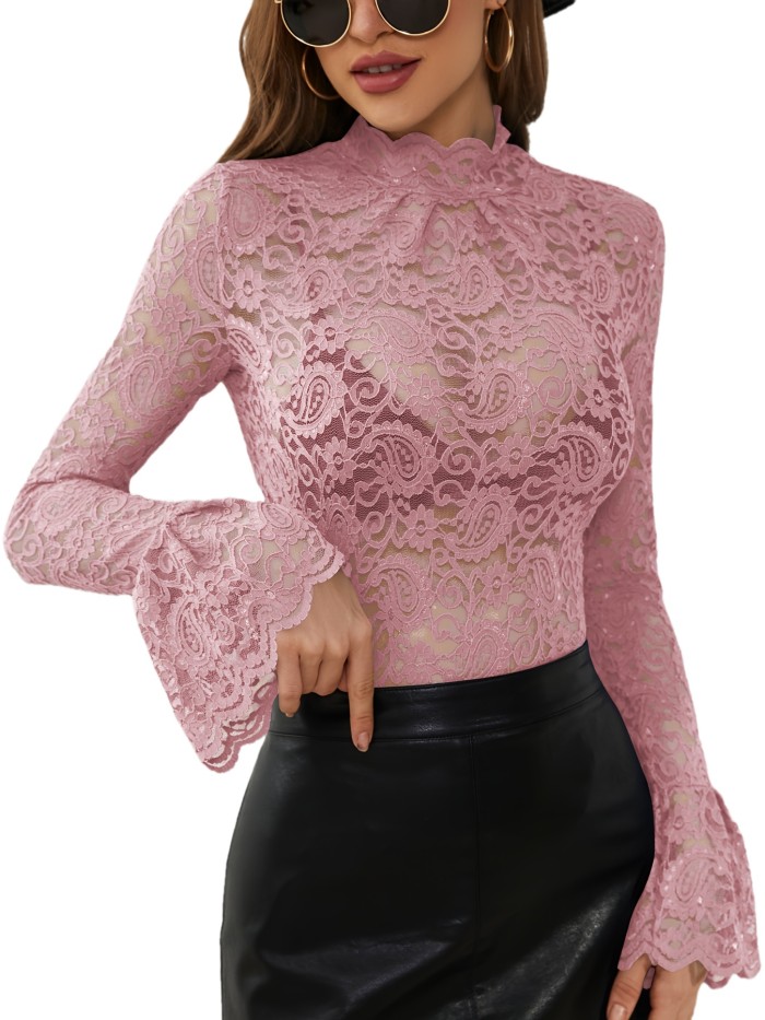 Paisley Pattern Lace T-Shirt, Long Sleeve High Neck Casual Top, Women's Clothing