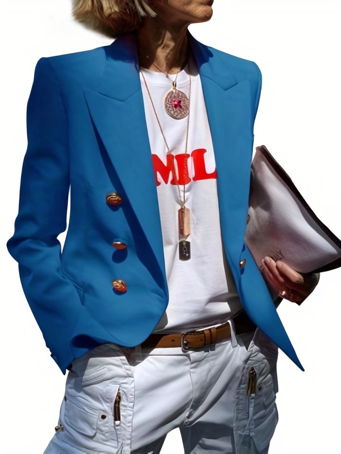 Lapel Double Breasted Blazer, Elegant Long Sleeve Solid Open Front Work Office Outerwear, Women's Clothing