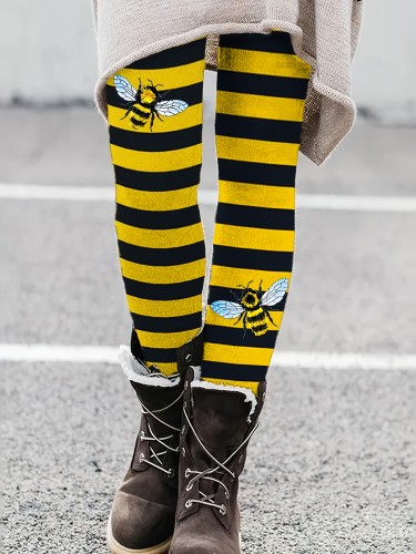 Striped & Bee Print Skinny Legigngs, Casual High Waist Every Day Leggings, Women's Clothing