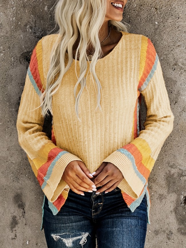 Vibrant Color Block Split Knit Sweater - Soft, Breathable, Crew Neck, Long Sleeve, Casual, Womens Clothing - Perfect for Daily Wear, Outdoor Activities, and Layering