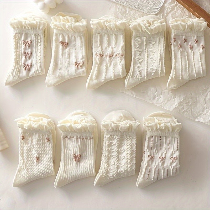 9 Pairs of Vibrant Floral & Bow Print Short Socks - Soft, Breathable, and Comfortable Knit Fabric - Machine Washable, Womens Cute Ruffle Stockings & Hosiery