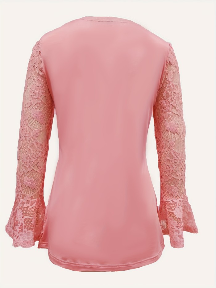 Charming Lace-Trimmed Two-Piece Top - Flirty Flare Sleeves with Button Accent - Perfect for Spring & Fall - A Fashionable Womens Wardrobe Essential