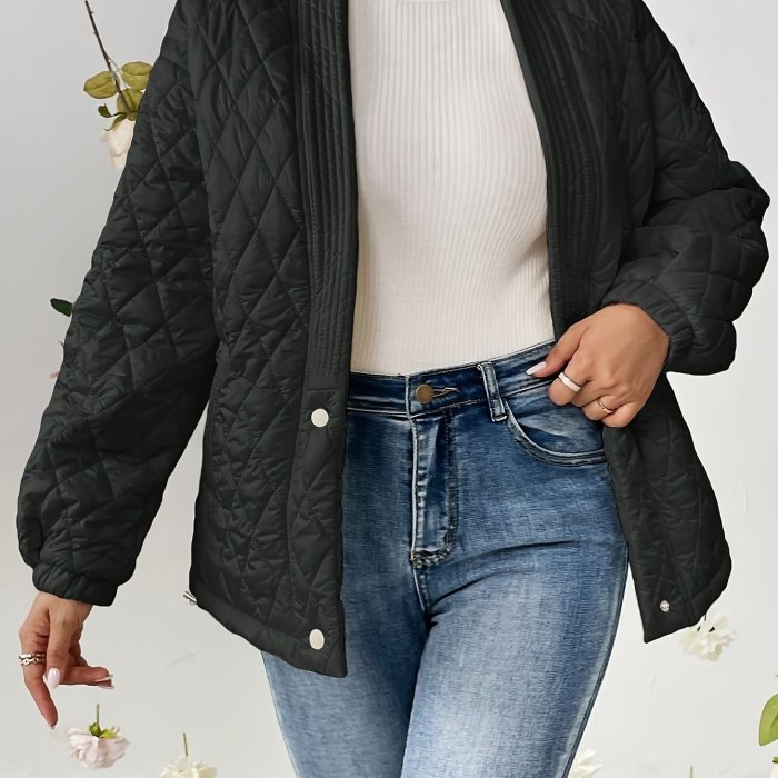 Button Front Long Sleeve Down Jacket, Casual Solid Color Quilted Down Jacket For Fall & Winter, Women's Clothing