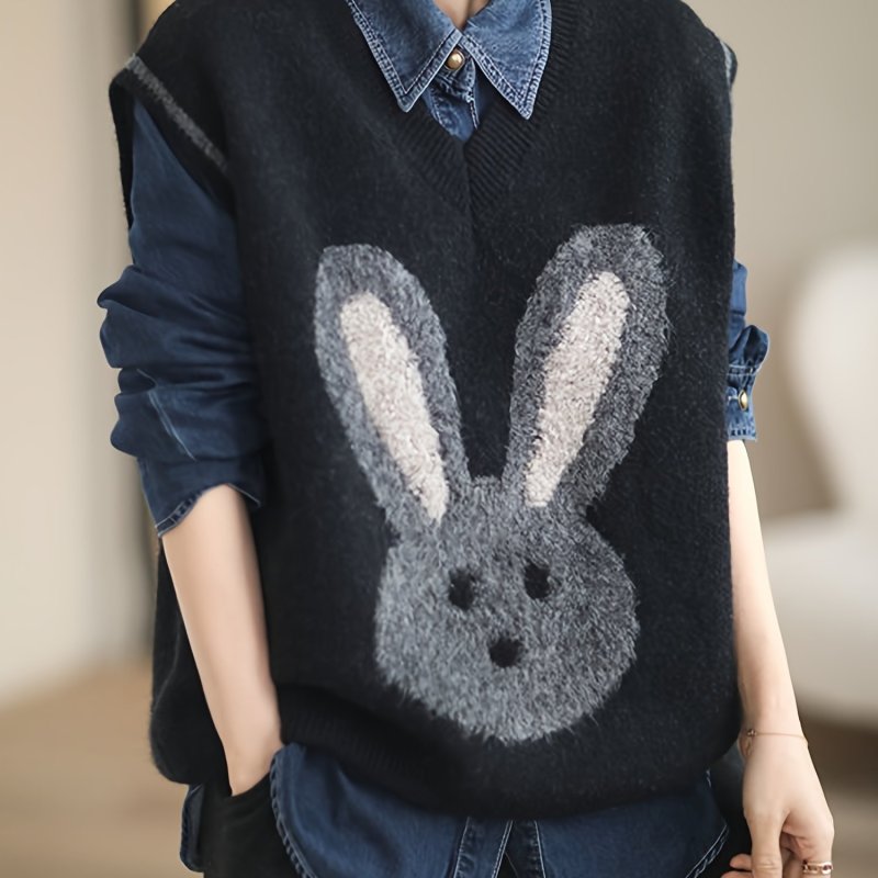 Rabbit Pattern V Neck Sweater Vest, Casual Sleeveless Knit Tank Top, Women's Clothing