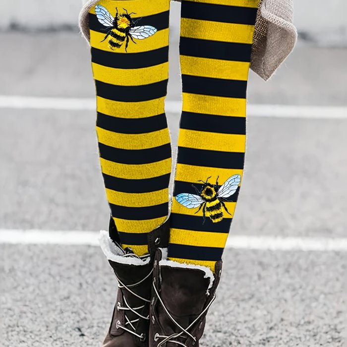Striped & Bee Print Skinny Legigngs, Casual High Waist Every Day Leggings, Women's Clothing