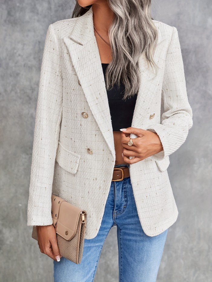 Elegant Double Breasted Solid Color Polyester Blazer for Women - Fall\u002FWinter Chic Woven Jacket with Long Sleeves and Regular Fit