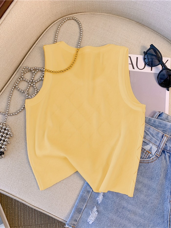 Colorful Rhinestone Knitted Tank Top, Casual Crew Neck Sleeveless Tank Top For Summer, Women's Clothing