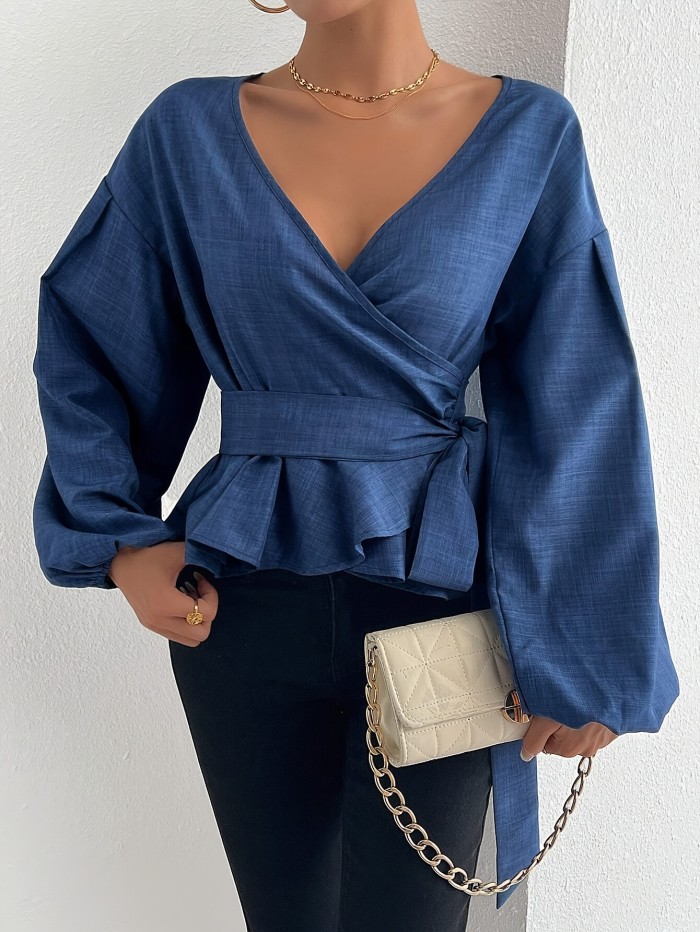 Elegant Polyester Blouse With Cross-Over Neckline, Long Sleeve, And Belted Waist, Suitable For Spring, Summer, And Fall