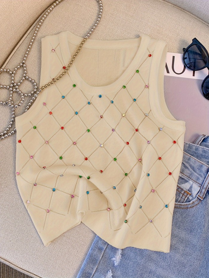 Colorful Rhinestone Knitted Tank Top, Casual Crew Neck Sleeveless Tank Top For Summer, Women's Clothing
