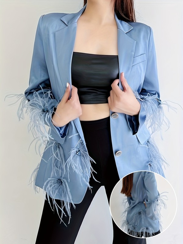 Faux Feather Decor Button Front Blazer, Elegant Lapel Collar Long Sleeve Blazer With Flap Pocket, Women's Clothing