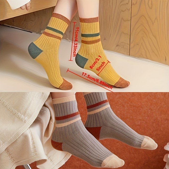 5 Pairs of Ultra-Comfy Striped Print Mid-Tube Socks - Soft, Breathable, and Stretchy Women's Stockings & Hosiery for Everyday Wear - Perfect for Casual Outings, Work, or Lounging Around