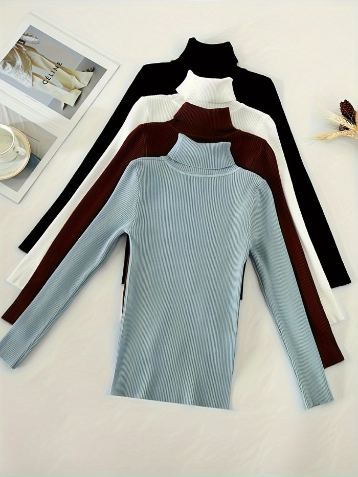 Solid Turtle Neck Rib Knit Top 4 Pack, Casual Long Sleeve Slim Versatile Sweater, Women's Clothing