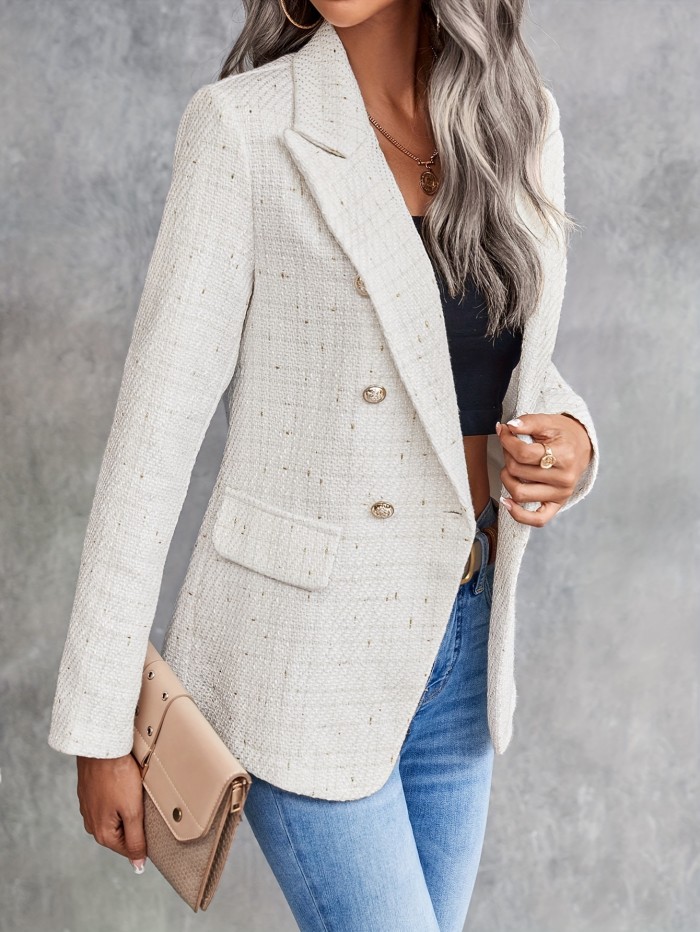 Elegant Double Breasted Solid Color Polyester Blazer for Women - Fall\u002FWinter Chic Woven Jacket with Long Sleeves and Regular Fit