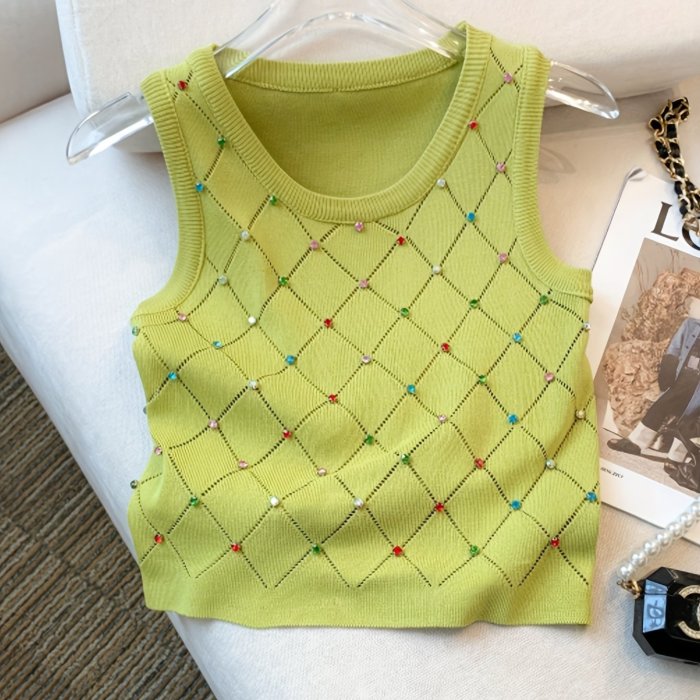 Colorful Rhinestone Knitted Tank Top, Casual Crew Neck Sleeveless Tank Top For Summer, Women's Clothing