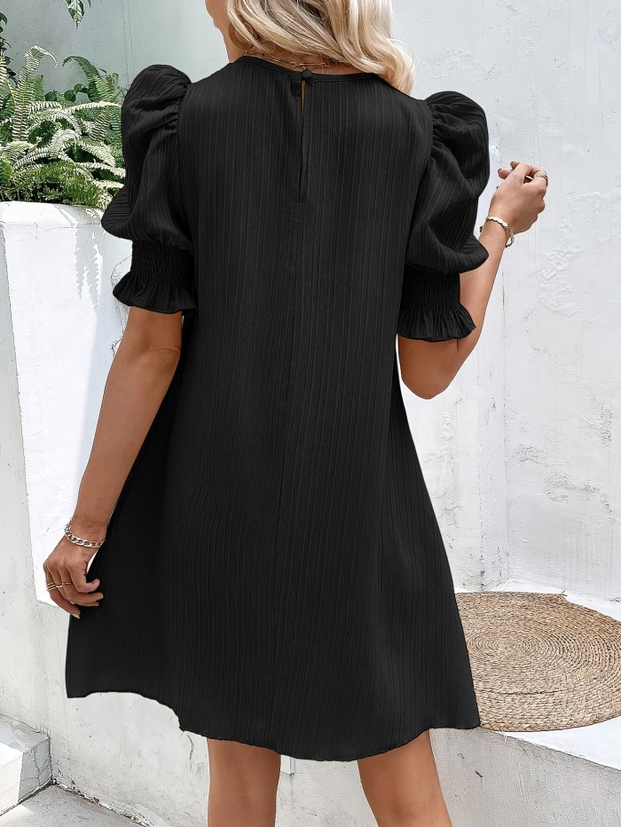 Solid Color Crew Neck Dress, Casual Puff Sleeve Dress For Spring & Summer, Women's Clothing For Elegant Dressing