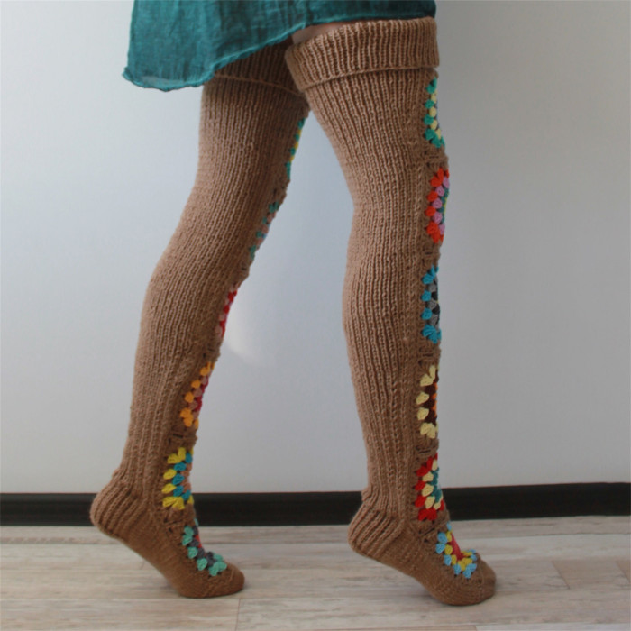 1 Pair Ethnic Knit Thigh High Socks, Trendy Comfy Novelty Over The Knee Socks, Women's Stockings & Hosiery