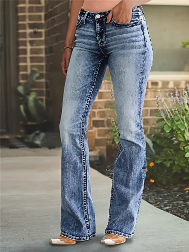 Skinny Fit Plain Washed Flare Leg Jeans, Elegant Style Zipper Button Closure Denim Pants, Women's Denim Jeans & Clothing