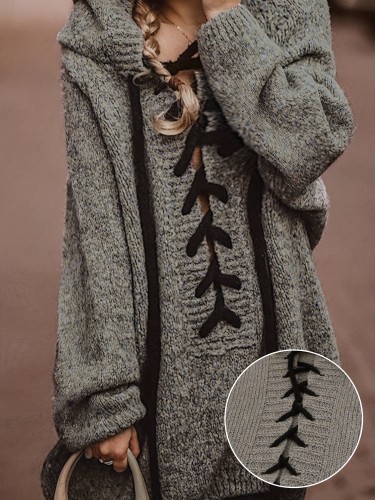 Solid Lace Up Drawstring Hooded Sweater, Casual Long Sleeve Loose Sweater For Fall & Winter, Women's Clothing