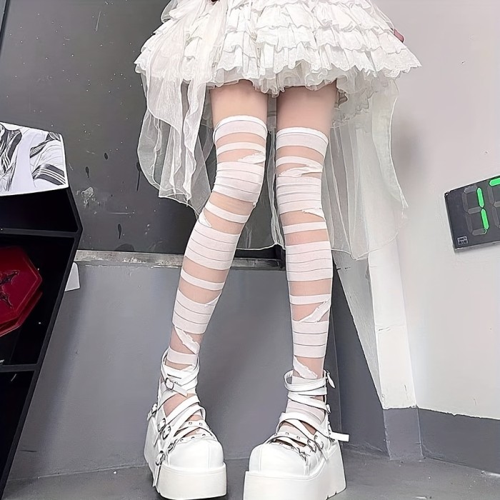 2 Pairs Strappy Pattern Stockings - Smooth, Soft, and Stretchy Over The Knee Socks with Lettuce Trim - Womens Polyamide Knit Fabric Hosiery for Everyday Wear