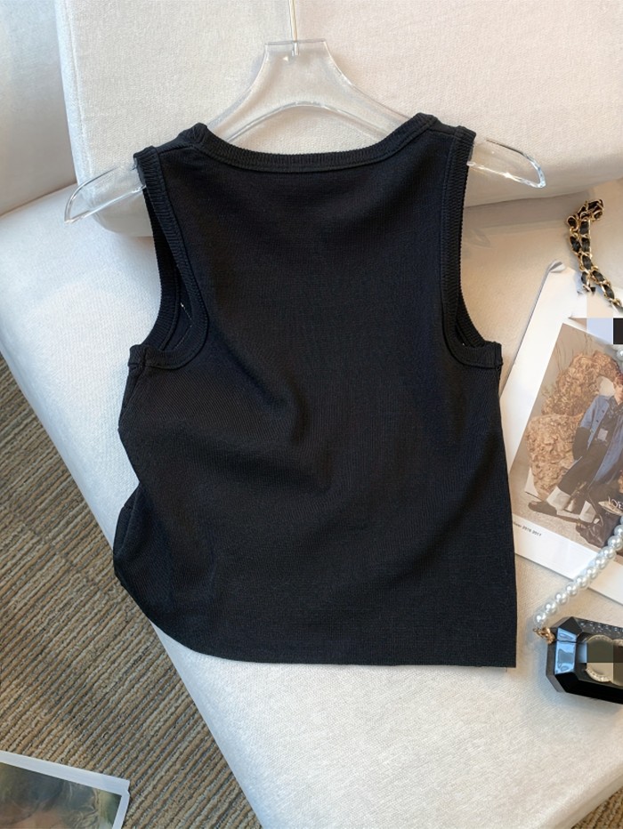 Colorful Rhinestone Knitted Tank Top, Casual Crew Neck Sleeveless Tank Top For Summer, Women's Clothing