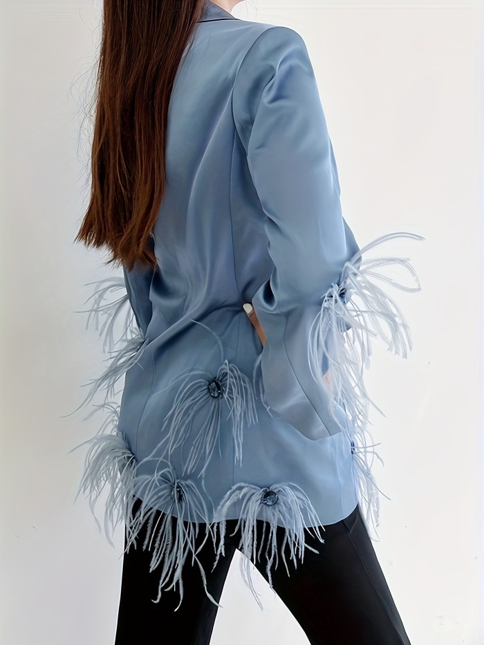 Faux Feather Decor Button Front Blazer, Elegant Lapel Collar Long Sleeve Blazer With Flap Pocket, Women's Clothing