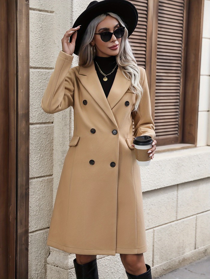 Solid Double Breasted Lapel Overcoat, Versatile Long Sleeve Thermal Winter Coat, Women's Clothing