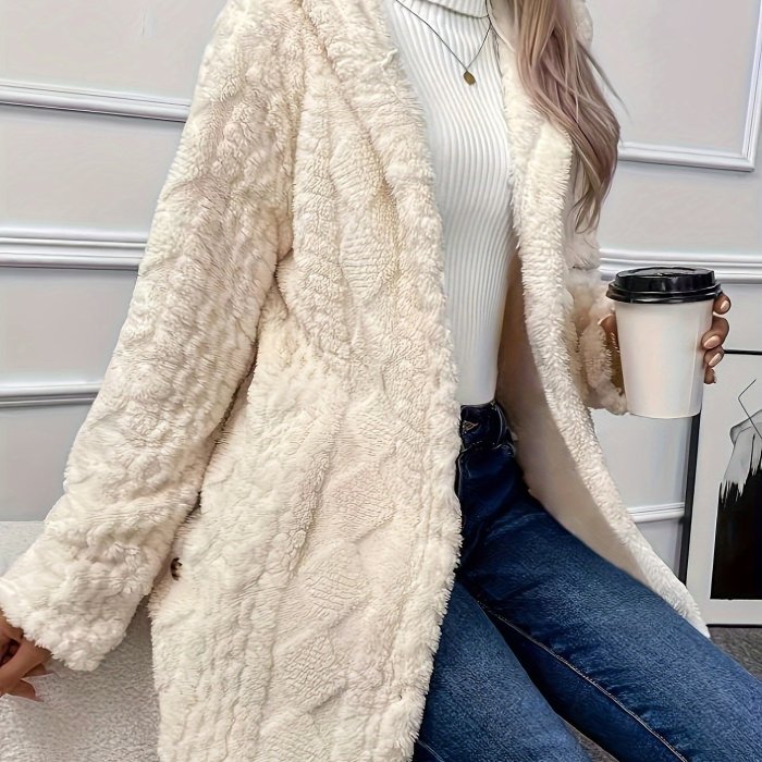 Solid Button Up Hooded Teddy Coat, Elegant Long Sleeve Split Side Faux Fur Outwear, Women's Clothing