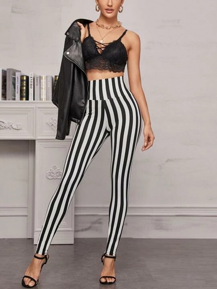 High-Waisted Striped Yoga Leggings - Stretchy, Sweat-Wicking, Four-Way Stretch, Tight Fitting, Vertical Black and White Striped, Perfect for Exercise, Fitness, and Everyday Wear