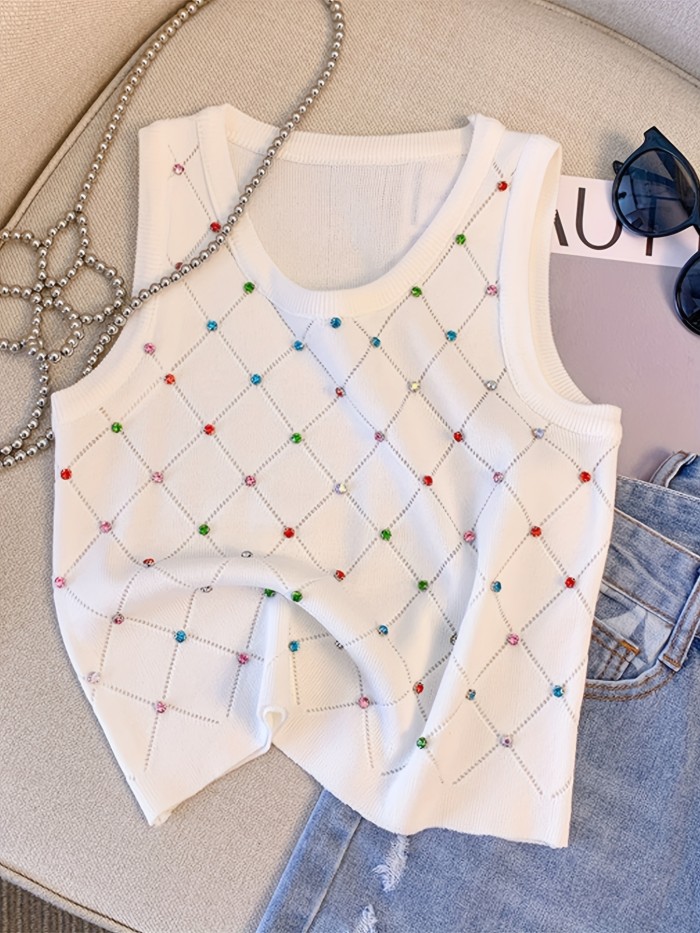 Colorful Rhinestone Knitted Tank Top, Casual Crew Neck Sleeveless Tank Top For Summer, Women's Clothing