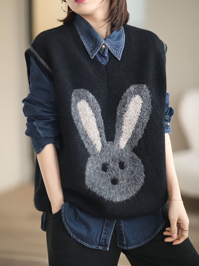 Rabbit Pattern V Neck Sweater Vest, Casual Sleeveless Knit Tank Top, Women's Clothing