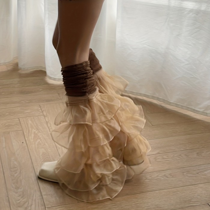 Ruffle Mesh Leg Warmers, Lace Stitching Sweet Socks, Women's Stockings & Hosiery
