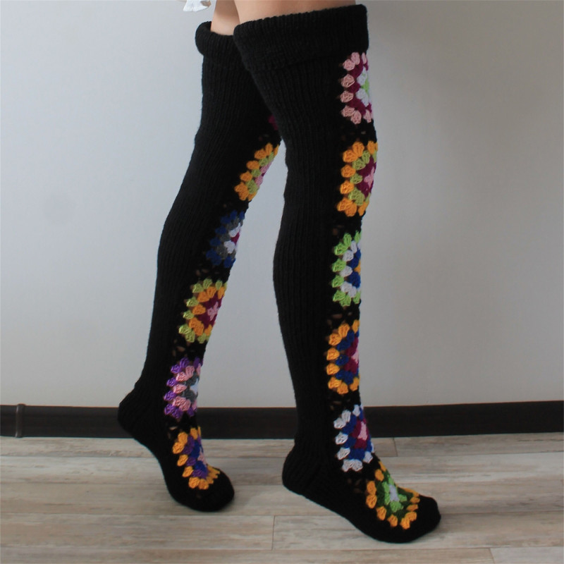 1 Pair Ethnic Knit Thigh High Socks, Trendy Comfy Novelty Over The Knee Socks, Women's Stockings & Hosiery